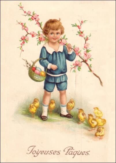 Cartes postales de Pâques : Carte ancienne Poussins - Petit garçon et son panier d'oeufs