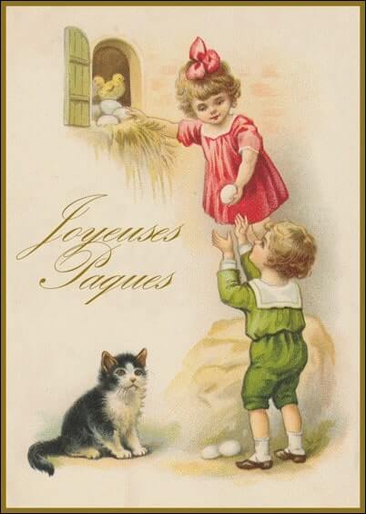 Cartes postales de Pâques : Carte ancienne - Enfants cherchant des oeufs et petit chat