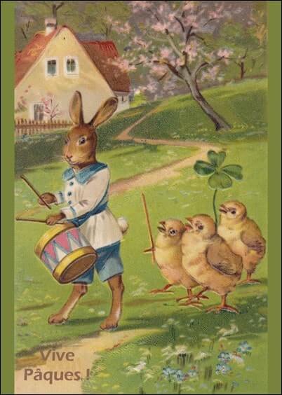 Cartes postales de Pâques : Carte ancienne - Lapin de Pâques et ses poussins