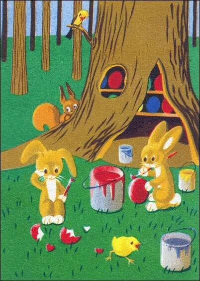 Cartes postales de Pâques : Lapins qui peignent des oeufs de Pâques