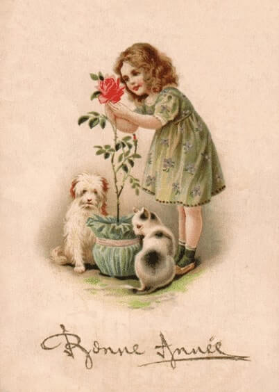 Cartes postales de Voeux de fin d'année : Carte ancienne - Bonne année avec une petite fille, un chat et un chien
