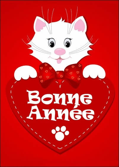 Cartes postales de Voeux de fin d'année : Bonne année - Chat sur un coeur rouge