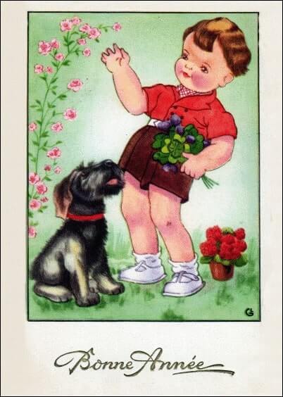 Cartes postales de Voeux de fin d'année : Carte ancienne - Petit garçon et son chien