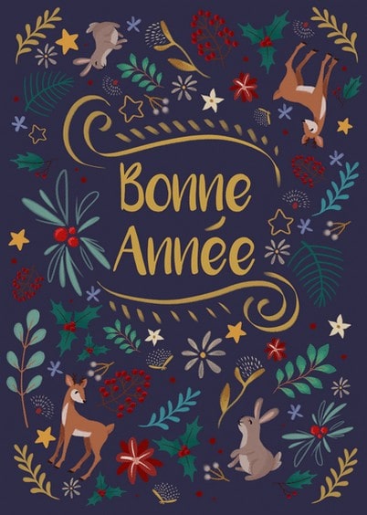 Cartes postales de Voeux de fin d'année : Fleurs de houx et animaux - Bonne année sur fond bleu