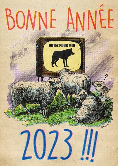 Cartes postales de Voeux de fin d'année : Loup et moutons - Bonne année 2023
