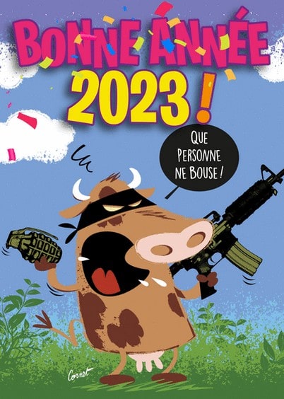 Cartes postales de Voeux de fin d'année : Bonne année 2023 de la vache - Que personne ne bouse !