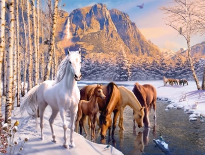 Jeu Puzzle Casse-tête en ligne Animaux ferme Chevaux Hiver Neige